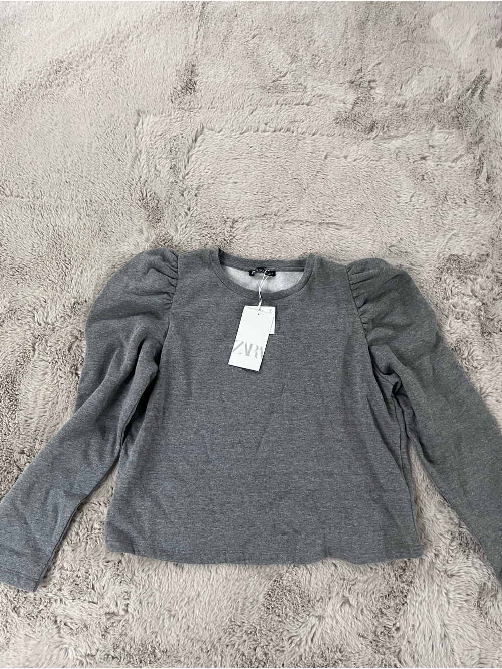 Zara Heather Gray Puff-Sleeve Crewneck Top